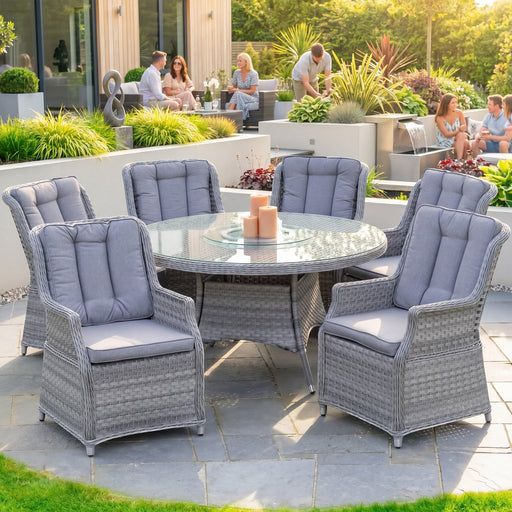 Mid Ulster Garden Centre Bali 6-seat grey synthetic rattan dining set with round glass table and cushioned high-back chairs
