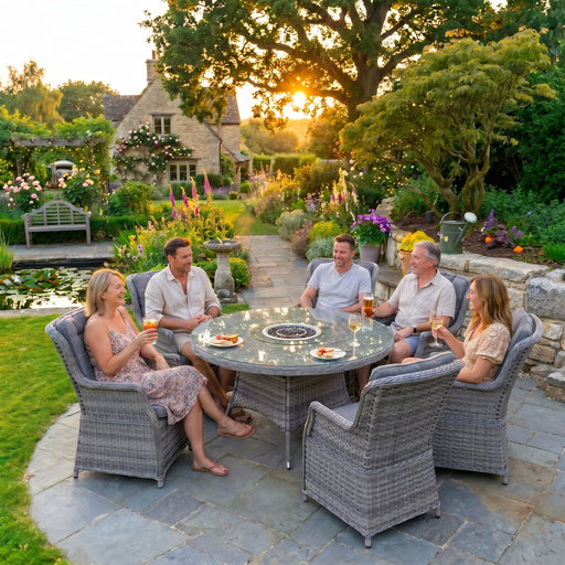 Mid Ulster Garden Centre Bali grey rattan 6-seat dining set with round glass table in a lush garden setting