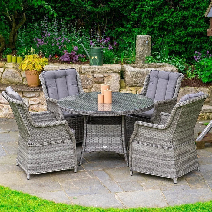 Mid Ulster Garden Centre Bali grey rattan 4-seat round dining set with tempered glass table and plush cushions