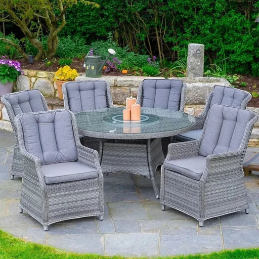 Mid Ulster Garden Centre Bali 6-seat grey rattan dining set with round glass table and comfortable cushioned chairs.