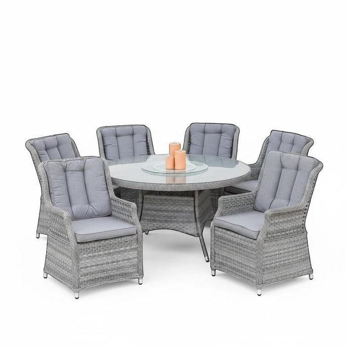 Mid Ulster Garden Centre Bali 6-seat grey synthetic rattan dining set with round glass table and comfortable cushions