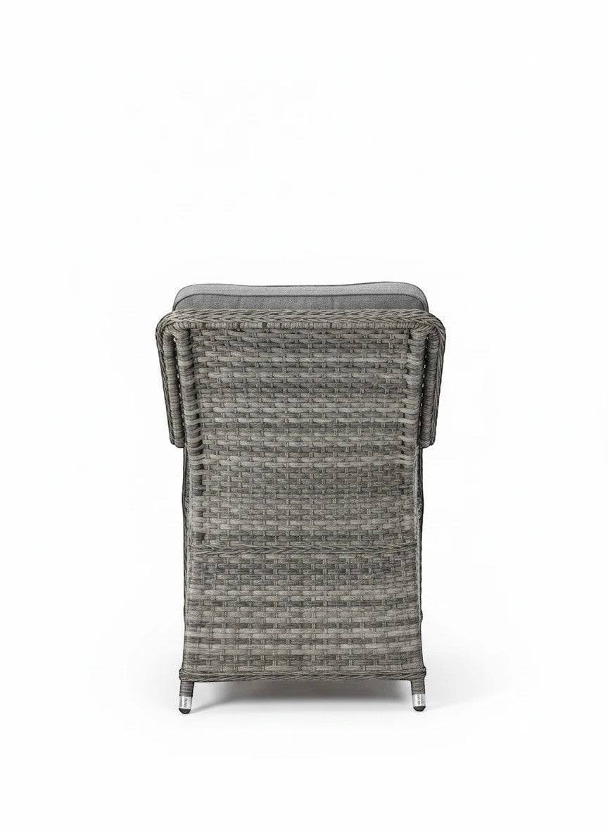 Mid Ulster Garden Centre Bali bistro chair in light brown synthetic rattan with grey cushions, back view.