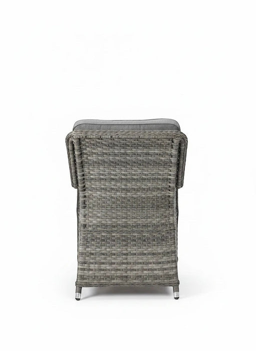 Mid Ulster Garden Centre Bali bistro chair in light brown synthetic rattan with grey cushions, back view.