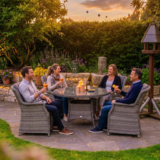 Mid Ulster Garden Centre Bali 4 seat rattan dining set with round glass table and cushions in a lush garden setting.
