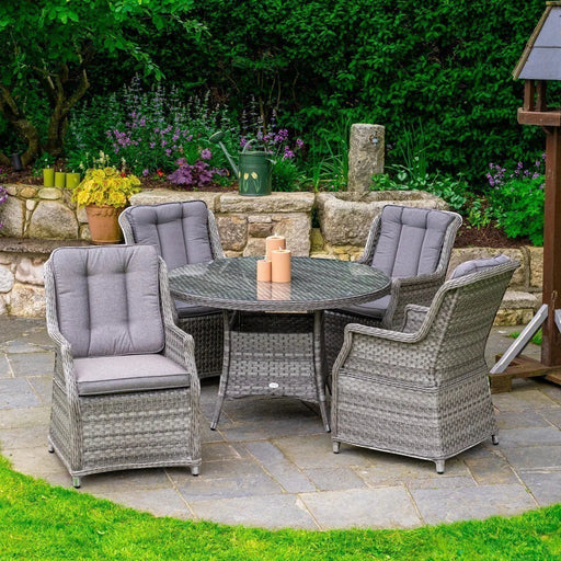 Mid Ulster Garden Centre Bali 4-seat grey synthetic rattan dining set with round glass-top table and cushioned chairs.
