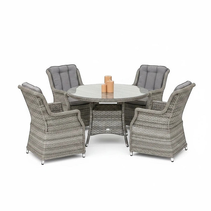 Mid Ulster Garden Centre Bali grey synthetic rattan 4-seat dining set with round glass table and cushioned chairs.