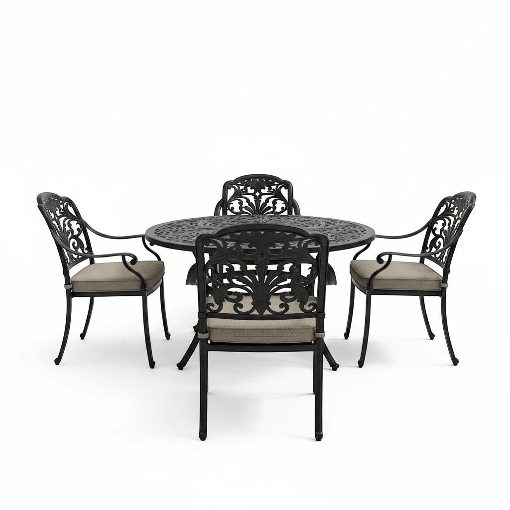 Mid Ulster Garden Centre Bramblecrest Venice 6-seater bronze cast aluminium dining set with ornate chairs and cushions