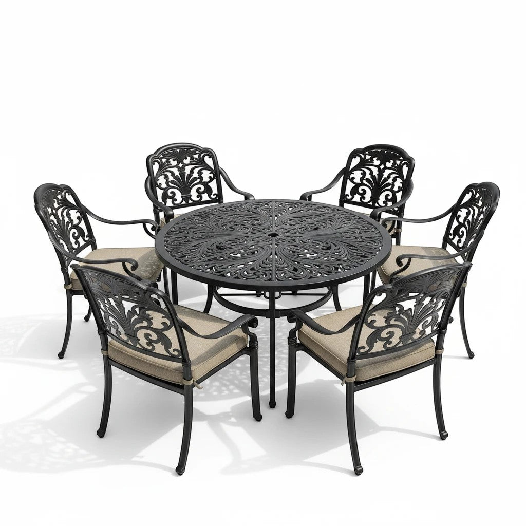 Mid Ulster Garden Centre Bramblecrest Venice 6-seater bronze cast aluminium dining set with ornate scrollwork chairs