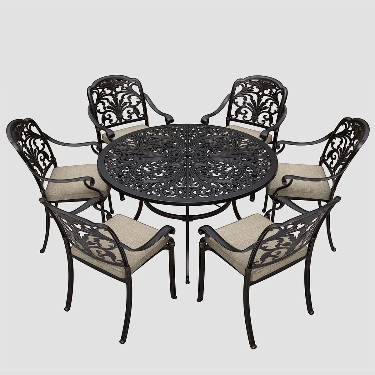 Mid Ulster Garden Centre Bramblecrest Venice 6-seater bronze cast aluminium dining set with beige cushions