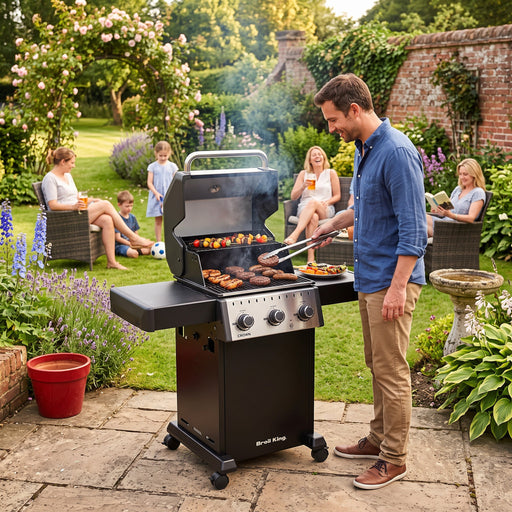 Mid Ulster Garden Centre Broil King Crown 310 Shadow gas BBQ in matte black, used by a man grilling in a garden.