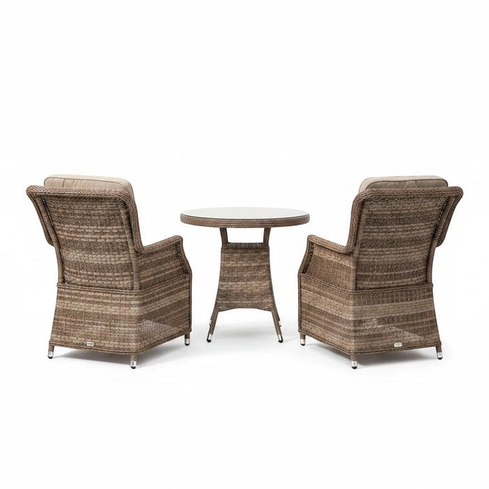 Mid Ulster Garden Centre Hampton 2 seat bistro set in light brown synthetic rattan with cushions and round glass table