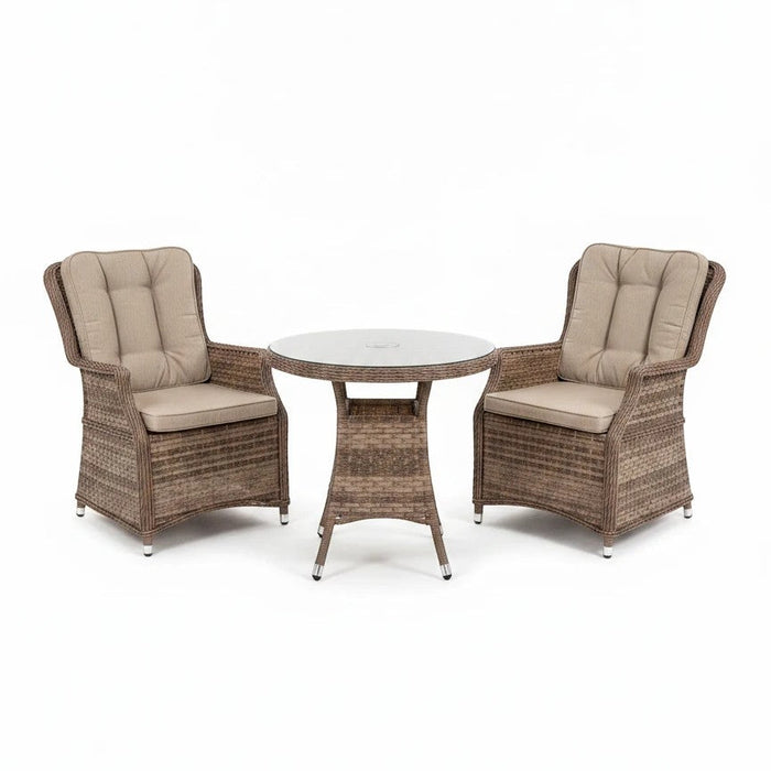 Mid Ulster Garden Centre Hampton 2 seat bistro set with light brown synthetic rattan chairs and a round glass table.