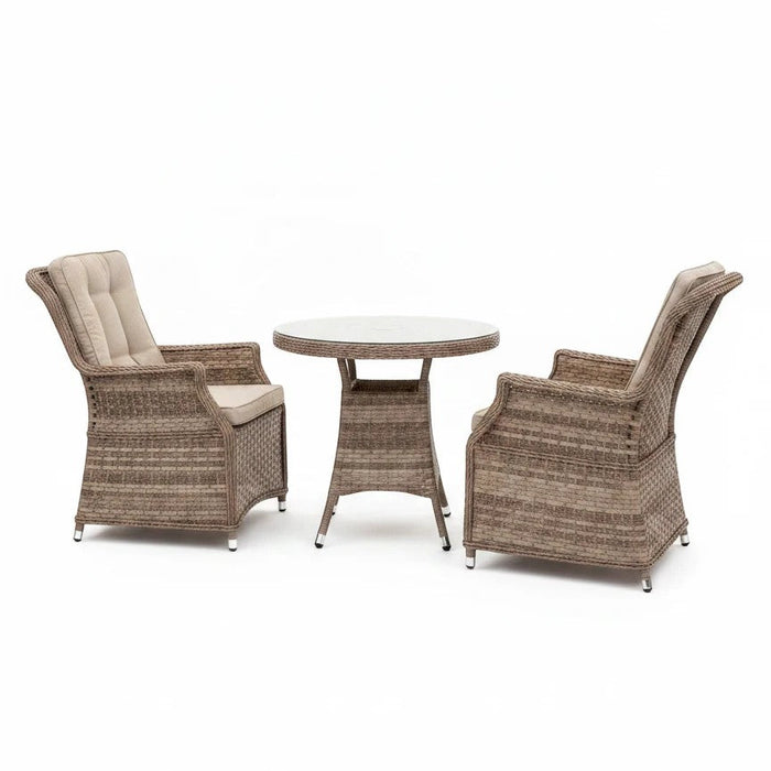 Mid Ulster Garden Centre Hampton 2 seat bistro set with light brown synthetic rattan chairs and round glass table.