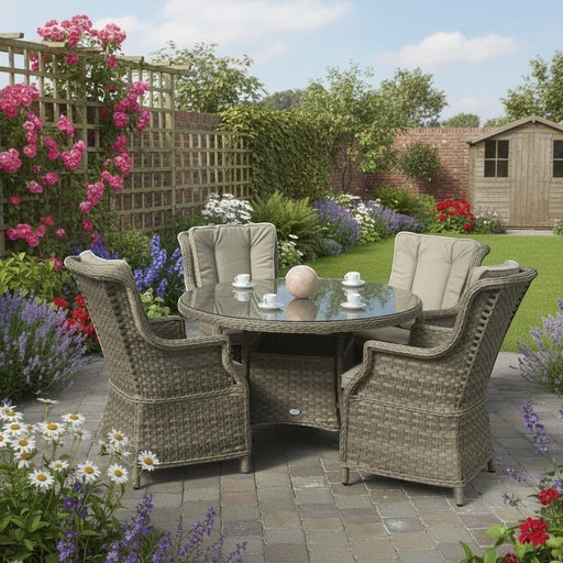 Mid Ulster Garden Centre Hampton 4 seat light brown synthetic rattan dining set with round glass table in a garden