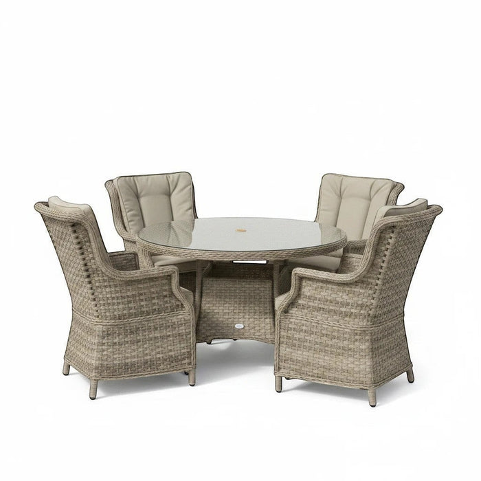Mid Ulster Garden Centre Hampton 4 seat light brown synthetic rattan dining set with round glass table and cushions