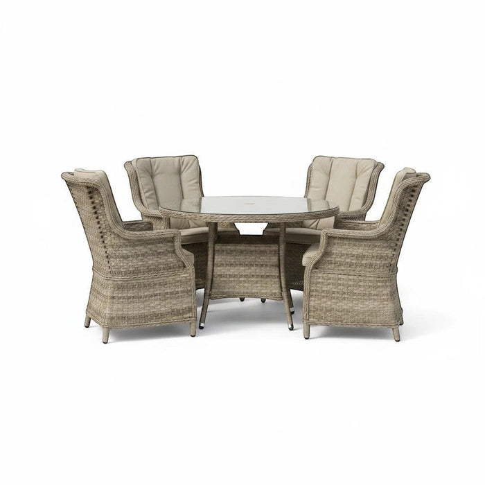 Mid Ulster Garden Centre Hampton 4 seat light brown synthetic rattan dining set with round glass table and cushions