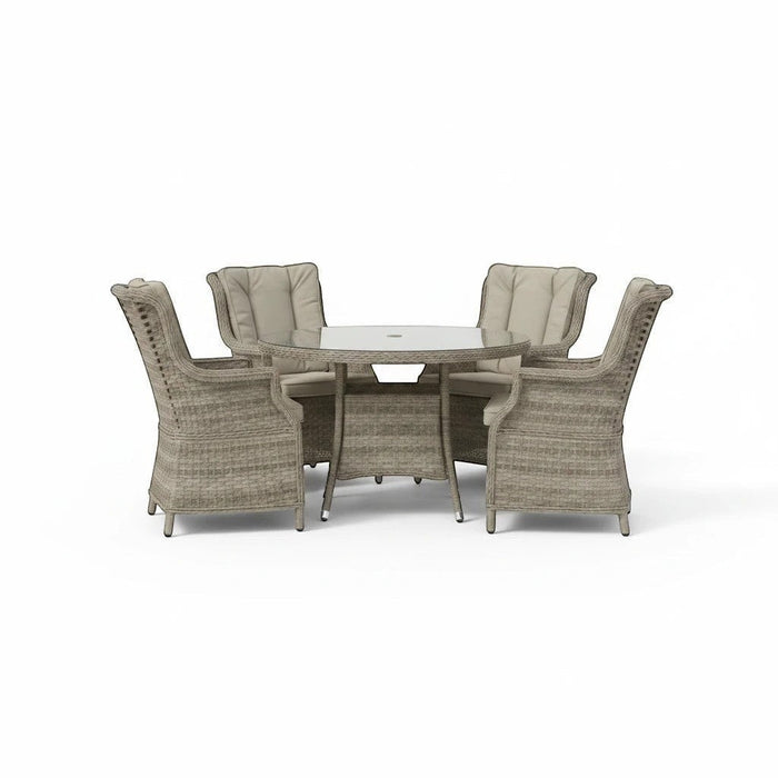 Mid Ulster Garden Centre Hampton 4-seat light brown synthetic rattan dining set with round glass table and cushions.
