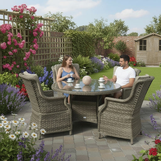 Mid Ulster Garden Centre Hampton 4 seat light brown rattan dining set with round glass table in a garden setting