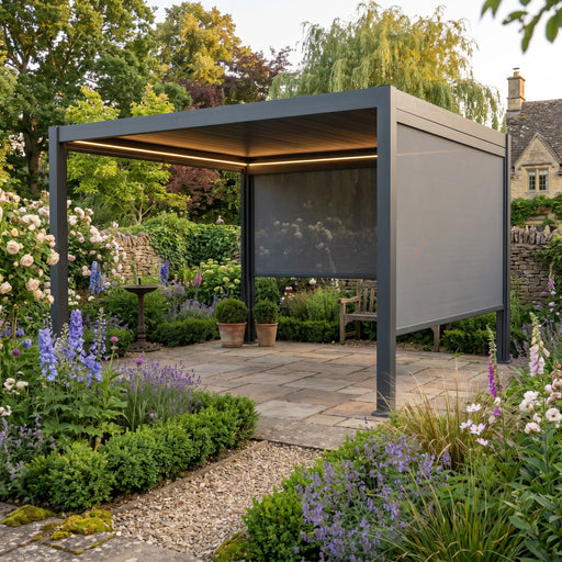 Mid Ulster Garden Centre Hartman 3m x 3m Como Pergola in Matt Xerix with louvered roof and integrated LED lighting.