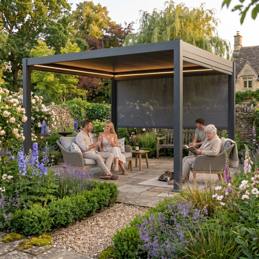Mid Ulster Garden Centre Hartman 3m x 3m Como Pergola in Matt Xerix with louvered roof and LED lights in a garden.