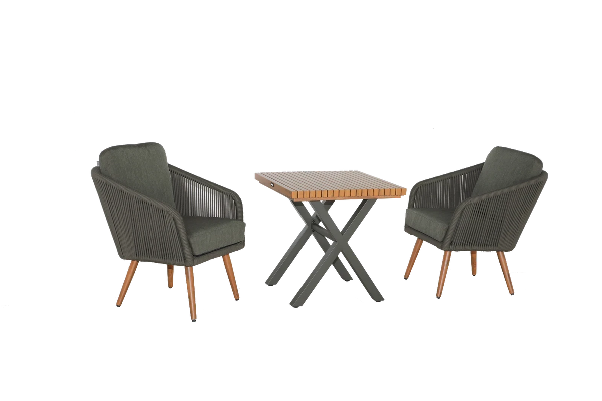 Mid Ulster Garden Centre Hartman Eden bistro set featuring two juniper green rope chairs and a teak-effect table.