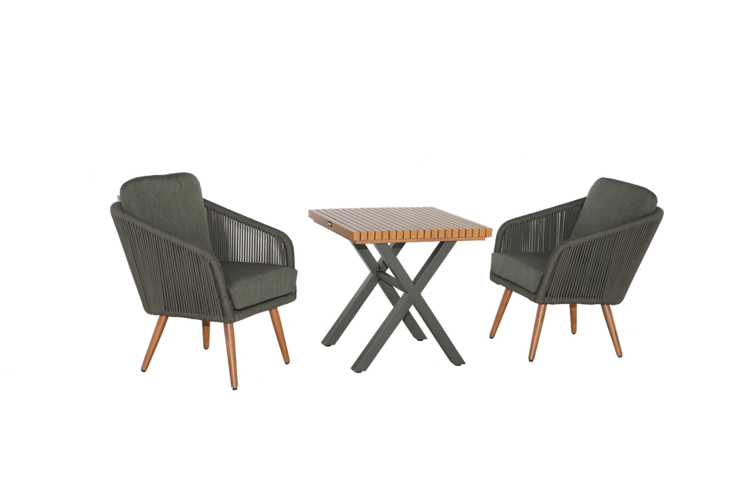 Mid Ulster Garden Centre Hartman Eden bistro set featuring two juniper green rope chairs and a teak-effect table.