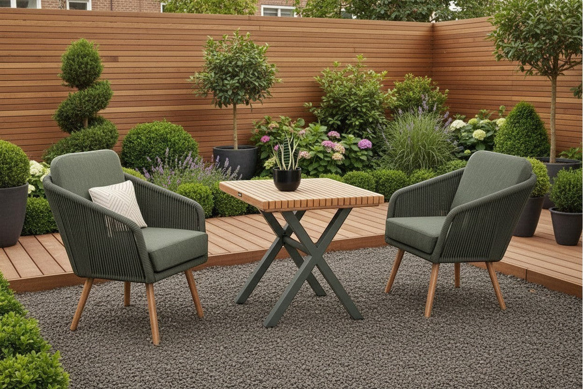 Mid Ulster Garden Centre Hartman Eden bistro set with juniper green rope chairs and teak-effect table on a patio.