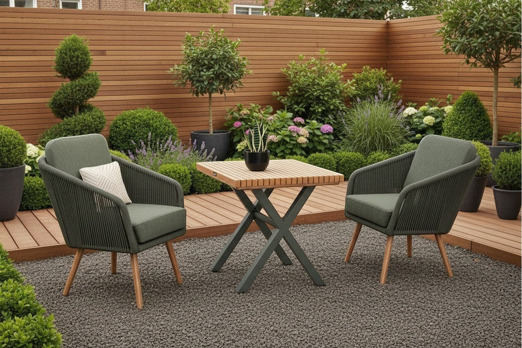 Mid Ulster Garden Centre Hartman Eden bistro set with juniper green rope chairs and teak-effect table on a patio.