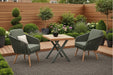 Mid Ulster Garden Centre Hartman Eden bistro set with juniper green rope chairs and teak-effect table on a patio.