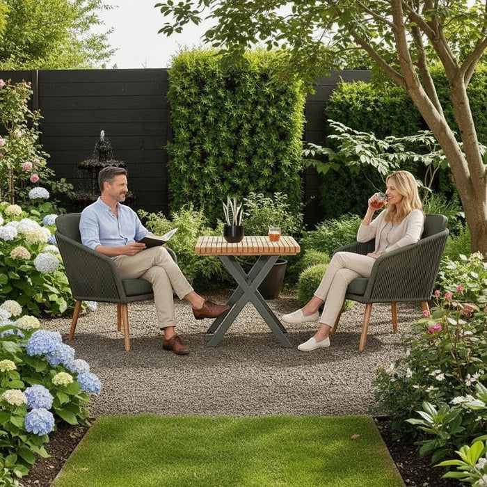 Mid Ulster Garden Centre Hartman Eden bistro set with juniper green rope chairs and teak-effect table in a garden.
