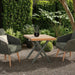 Mid Ulster Garden Centre Hartman Eden bistro set with juniper green rope chairs and a teak-effect table in a garden.