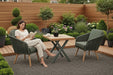 Mid Ulster Garden Centre Hartman Eden bistro set with juniper green rope chairs and teak-effect table on a patio.