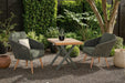 Mid Ulster Garden Centre Hartman Eden bistro set in juniper green with rope chairs and teak-effect table on a patio.