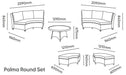 Mid Ulster Garden Centre Kettler Palma round sofa set dimensions diagram showing curved sofas, benches, and table.