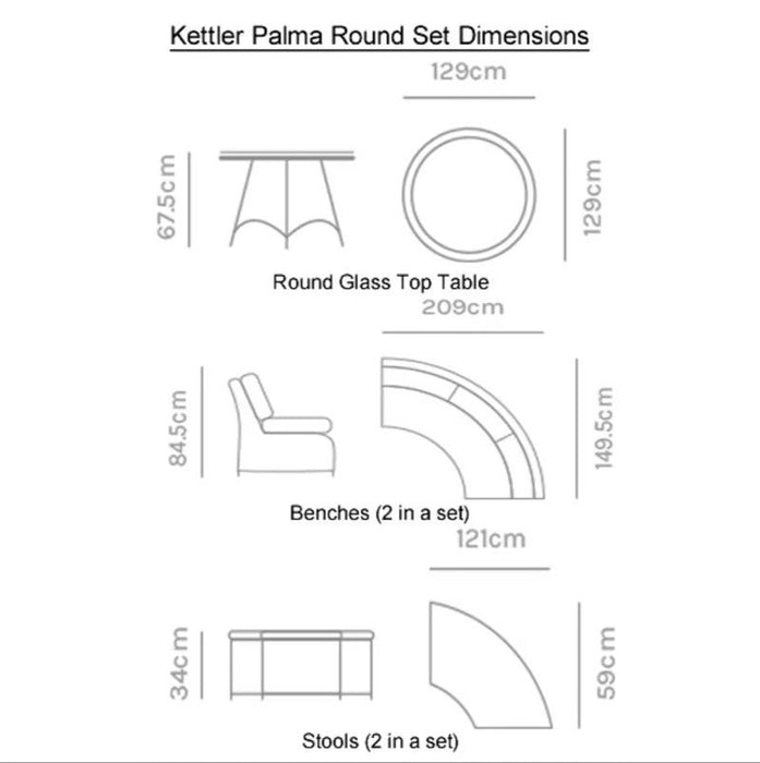 Mid Ulster Garden Centre Kettler Palma round sofa set dimensions diagram showing table, bench, and stool measurements.