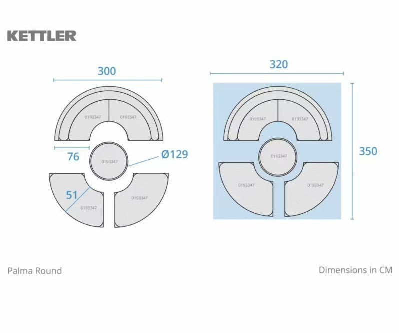 Mid Ulster Garden Centre Kettler Palma round sofa set dimensions diagram showing circular layout and measurements