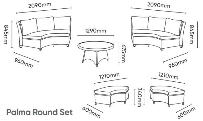 Mid Ulster Garden Centre Kettler Palma round sofa set dimensions diagram showing curved sofas, benches, and table.