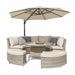 Mid Ulster Garden Centre Kettler Palma round wicker sofa set in oyster with stone cushions and matching parasol