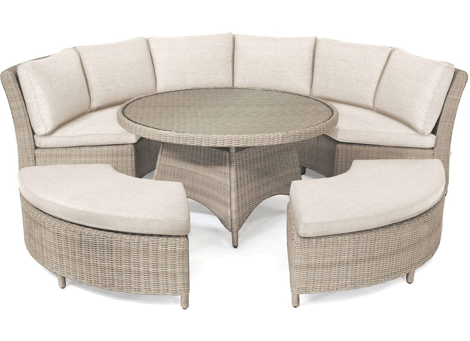 Mid Ulster Garden Centre Kettler Palma round wicker sofa set in oyster with stone cushions and glass-top table