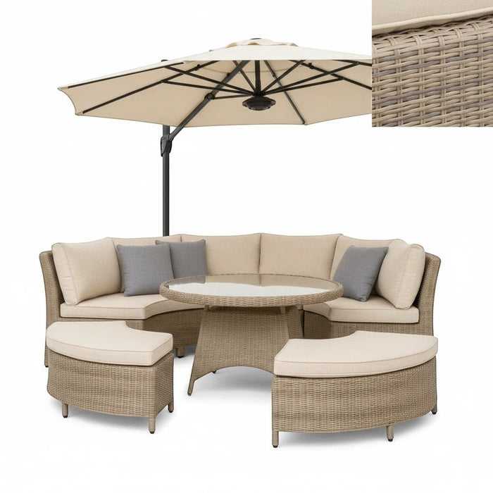 Mid Ulster Garden Centre Kettler Palma round wicker sofa set in oyster with stone cushions and matching parasol