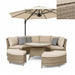 Mid Ulster Garden Centre Kettler Palma round wicker sofa set in oyster with stone cushions and matching parasol