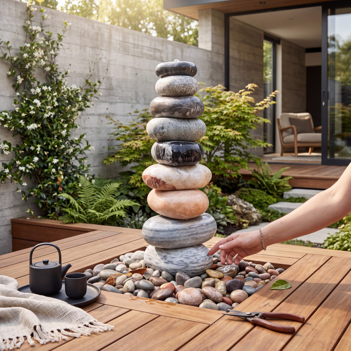 Mid Ulster Garden Centre cascading marble pebble fountain with stacked boulders on a wooden garden table