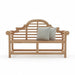 Mid Ulster Garden Centre Bramblecrest Lutyens style teak garden bench with decorative backrest and two cushions.