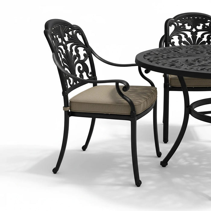 Mid Ulster Garden Centre Bramblecrest Venice bronze cast aluminium garden dining chair with beige seat cushion