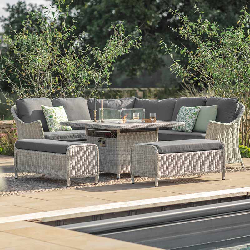 Bramblecrest Monterey Dove Rattan Curved Corner Sofa with Square Firepit table Table & 2 Benches