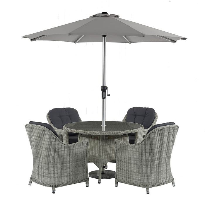 Bramblecrest Monterey Dove Grey Rattan 4 Seat Round Dining Set, Parasol & Base