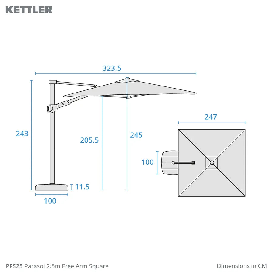 Kettler 2.5m Free Arm Parasol Grey Frame, Canopy in 2 Colours