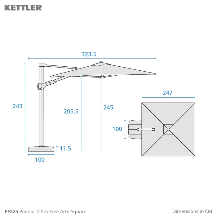 Kettler 2.5m Free Arm Parasol Grey Frame, Canopy in 2 Colours