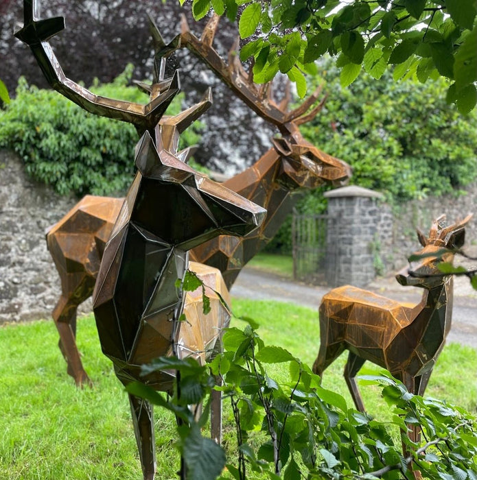 Geometric Corten Steel Deer Pair - Modern Garden Sculpture | Contemporary Metal Art