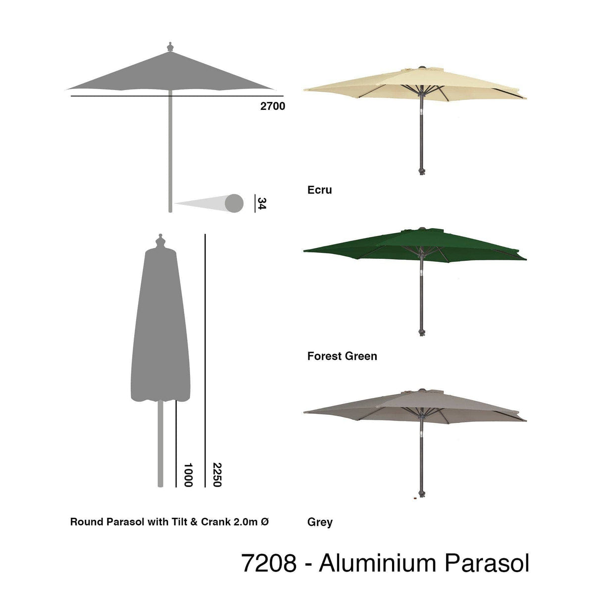 Alexander Rose Garden Furniture Accessories Alexander Rose Aluminium Round Parasol with Tilt and Crank 2.7m Diameter - Ecru, Forest Green or Grey
